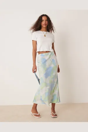 VILA Satin midi skirt in blue and green marble print