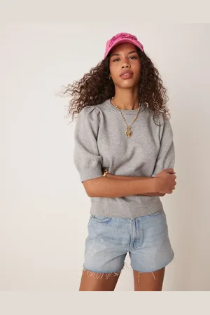 Gina Tricot Knitted short sleeve sweater with puff sleeves in melange