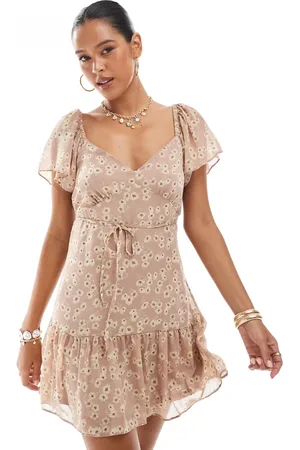 New Look Frill skirt mini dress in brown floral pattern