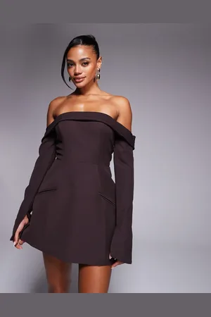 Ohpolly Seraphina bardot structured mini dress with pockets in chocolate