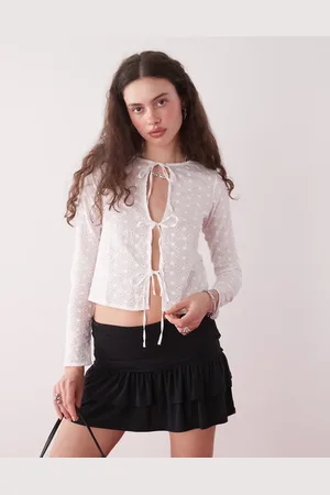 Motel Sewindu tie-front broderie long sleeve blouse in ivory