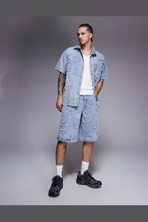 Liquor N Poker Distressed applique denim jort in light wash