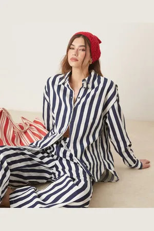 ASOS Oversized linen look shirt co-ord in navy stripe