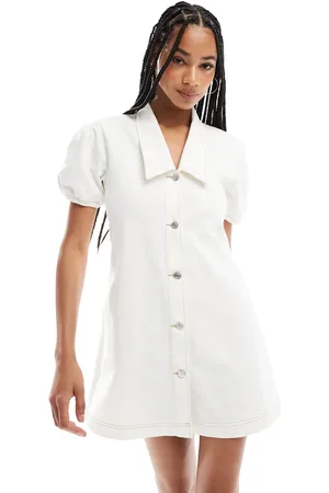 ASOS Denim mini dress with collar and puff sleeves in ecru