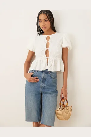MANGO Crinkle textures tie front blouse in cream