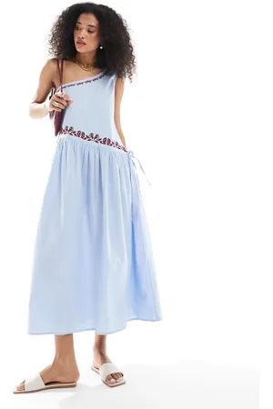 Native Youth Embroidered one shoulder linen midaxi dress in sea
