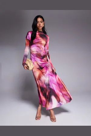 DASKA Draped ruched maxi in purple blur print
