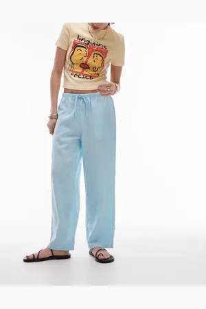 Topshop Mid rise linen awkward length trouser in powder