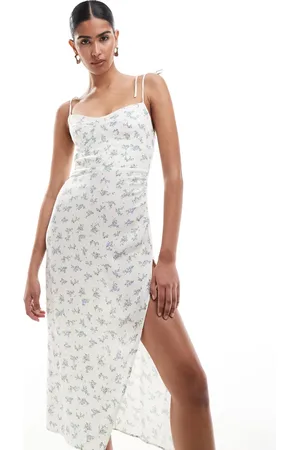Bershka Strappy maxi dress in ecru and blue floral