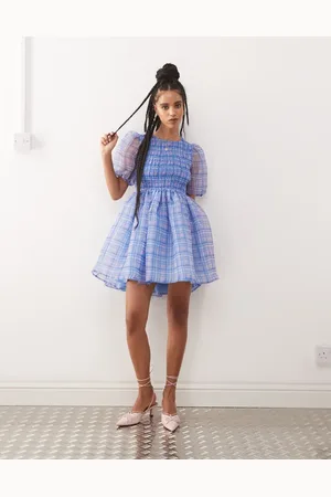 Amy Lynn Organza puffball mini dress with cut out back in purple check