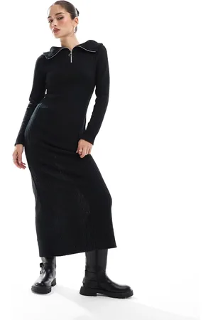 ASOS Ring zip bruched rib midi dress in charcoal