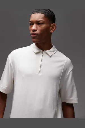 Topman Premium oversized fit polo with zip placket in ecru