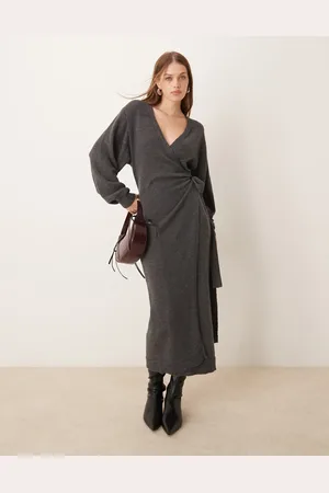 Pretty Lavish Beau wrap knit midaxi dress in charcoal