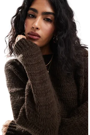 ASOS Knitted crew neck jumper with boxy sleeve in chocolate