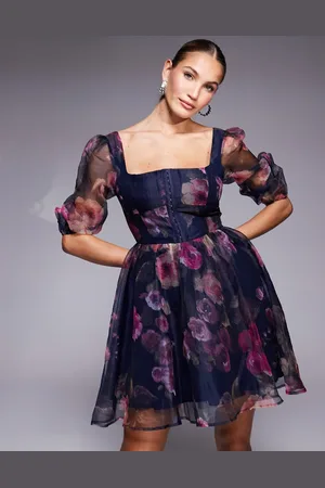 Lulus Sheer sleeve organza mini dress in plum floral