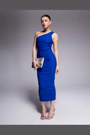 Vesper Bengaline one shoulder strap bodycon midaxi dress in cobalt