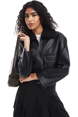 Stradivarius Faux leather jacket with contrast collar in