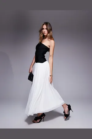 Rare Fashion London one shoulder dropped waist contrast tulle maxi dress in black and white