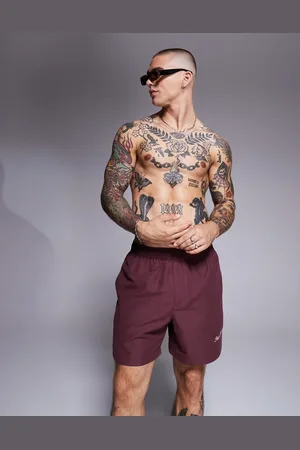 ASOS Swim shorts in mid length with embroidery in burgundy