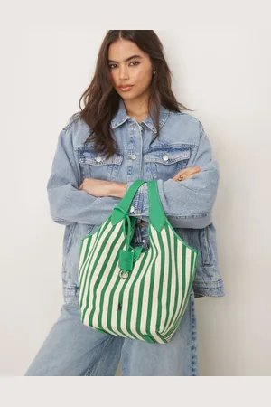 Ralph Lauren Play stripe canvas leather medium tote in parrot/white