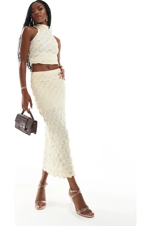 River Island Textured midi skirt in cream