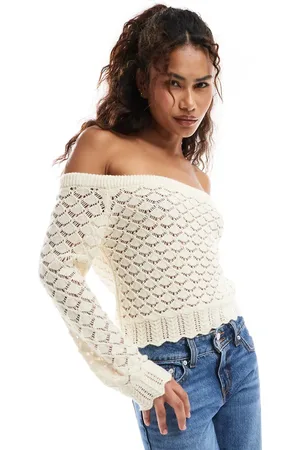Miss Selfridge Knitted pointelle bardot jumper in cream