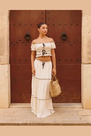 The Frolic X Lydia Kara exclusive bardot contrast lettuce edge crop top co-ord in cream