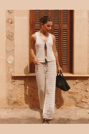 The Frolic X Lydia Kara exclusive crochet contrast thread trim wide leg beach trouser co-ord in cream
