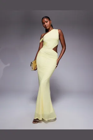 ASOS Fallen shoulder with ruching and cut out detail maxi dress in yellow