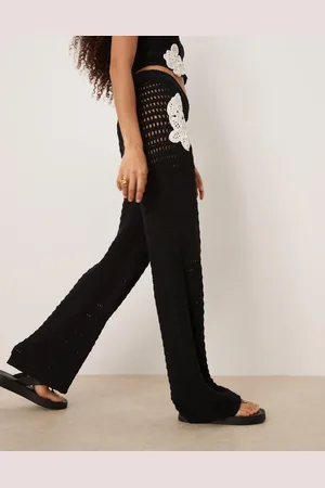 ASOS Knitted crochet wide leg trouser co-ord with flower patch detail in mono