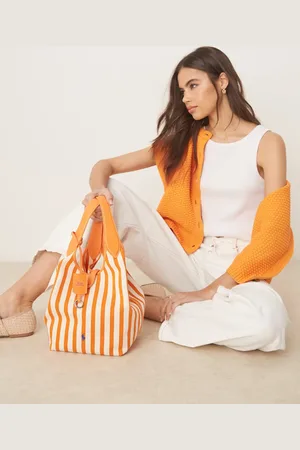 Ralph Lauren Play stripe canvas leather medium tote in peel/white