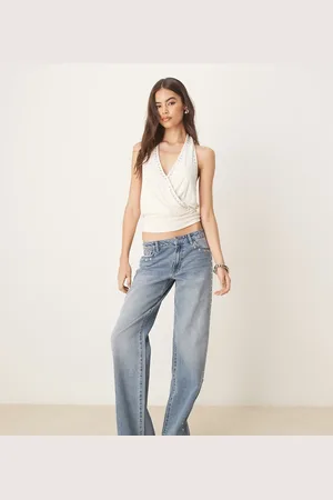 JDY Wide leg jeans with studs detail in light wash