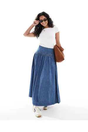 ASOS Denim drop waist maxi skirt with linen in midwash