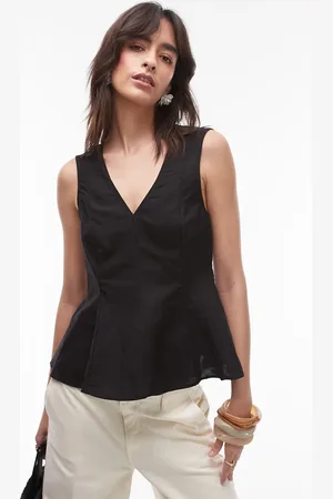 MANGO Linen mix v-neck peplum top in