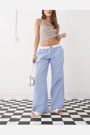 Monki Wide leg pull on trousers with foldable waistband in and white stripe