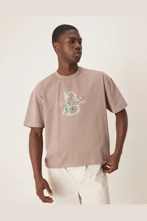 ASOS Boxy oversized t-shirt in heavyweight 220gsm washed stone with floral text graphic