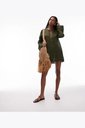 ARKET Pure ramie sheer mini beach cover-up in khaki