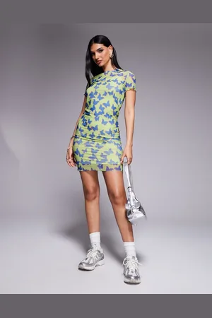 Hugo Blue Mesh print short sleeve dress in with butterfly print