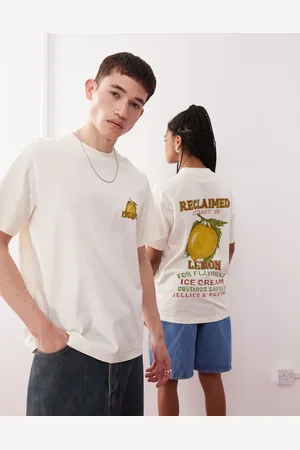 Reclaimed Unisex boxy t-shirt with lemon fruit graphic in off