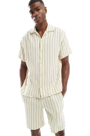 JACK & JONES Co-ord revere collar shirt in cream green stripe