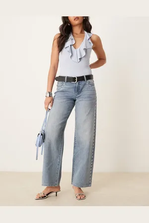 JDY Wide leg jeans with studs detail in light wash