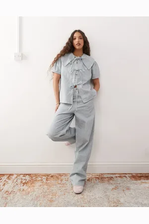 Reclaimed Pinstripe baggy wide denim jean co-ord in light stripe - MBLUE