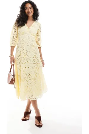 New Look Premium long sleeve broderie buttoned midi dress in