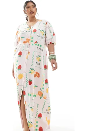 Pieces® Pieces Curve puff sleeve button frontmaxi dress in pale based fruit print