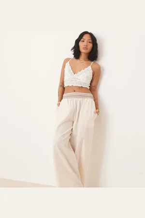 ASOS Petite linen blend pull on wide leg trousers with shirred waist detail in cream with brown