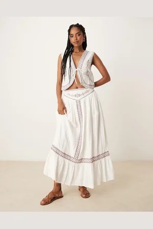 Threadbare Cotton rich woven co-ord maxi skirt with embroidery in cream