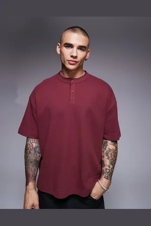 ASOS Oversized boxy waffle henley t-shirt in burgundy
