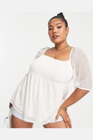 Simply Be Shirred dobby mesh long sleeved top in
