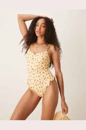 ASOS Cherry Rose frill leg Swimsuit with removeable padding in butter