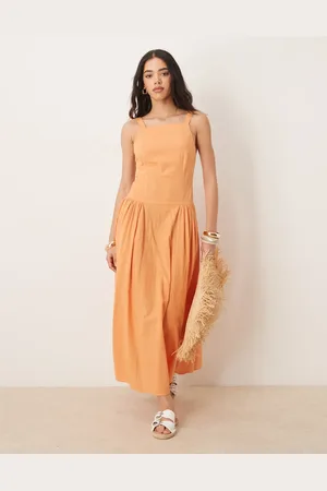 ASOS Square neck dropped waist midi dress in papaya